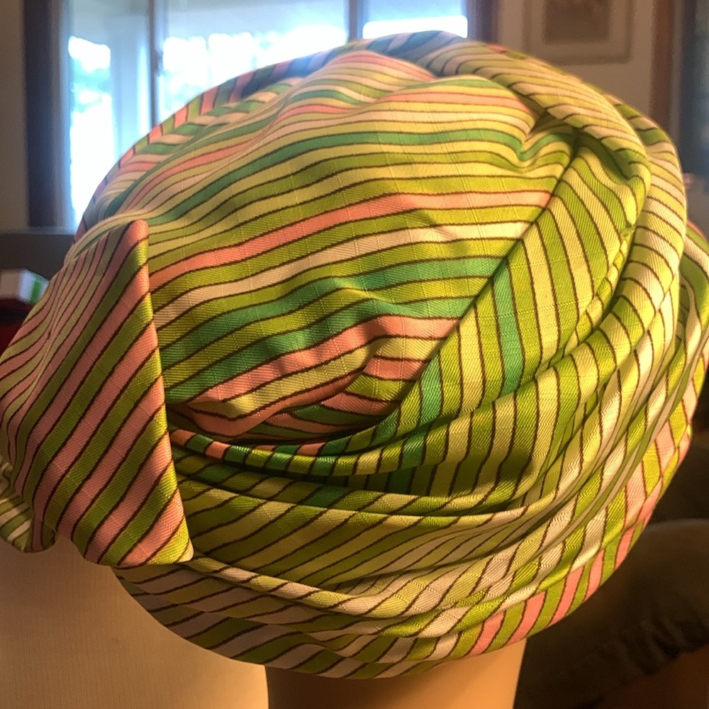 60’s CHRISTIAN DIOR CHAPEAUX SILK STRIPED TURBAN HAT - Picture 9 of 16